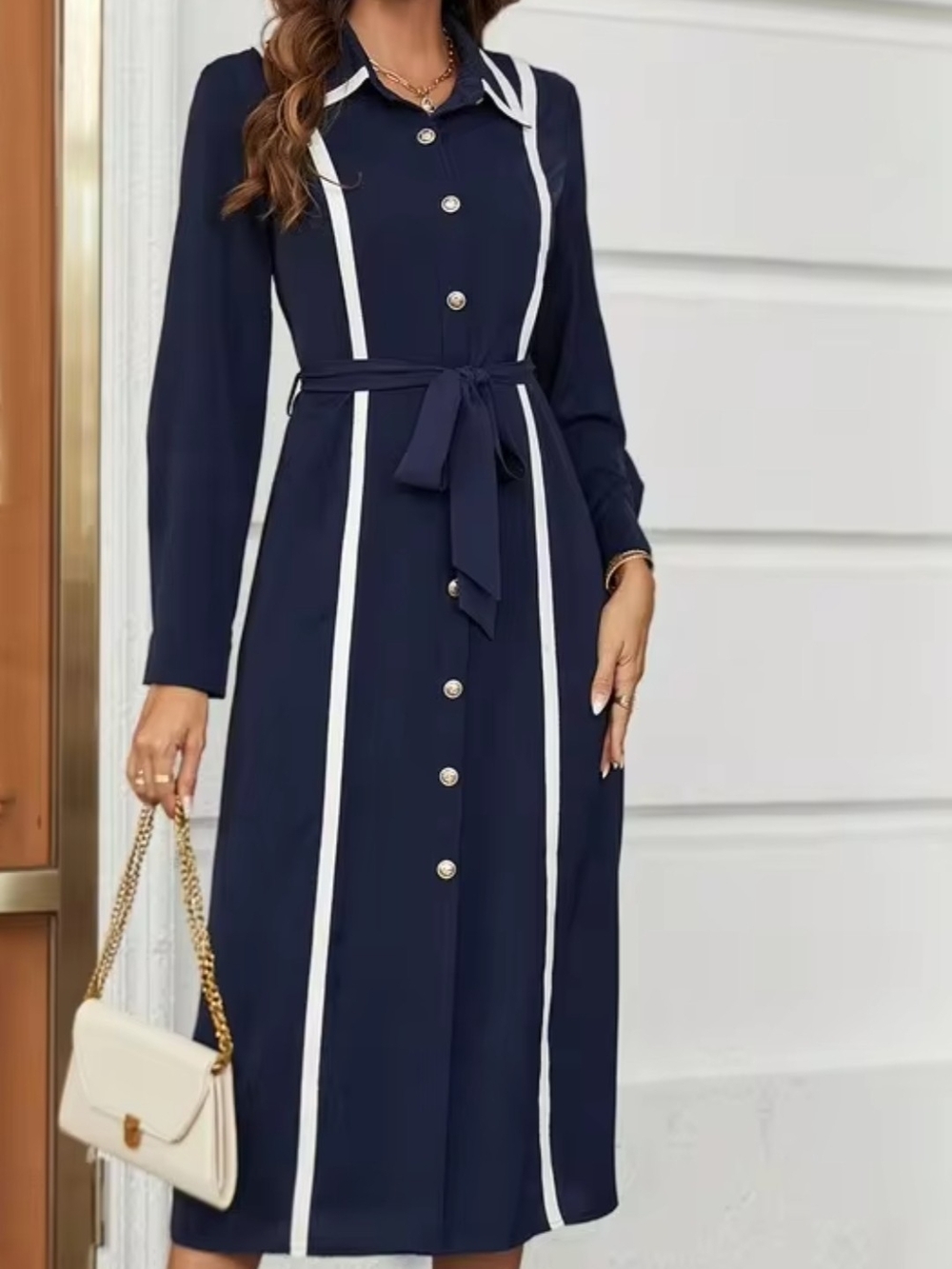Navy Blue Long Sleeve Shirt Dress with Contrast Stripes